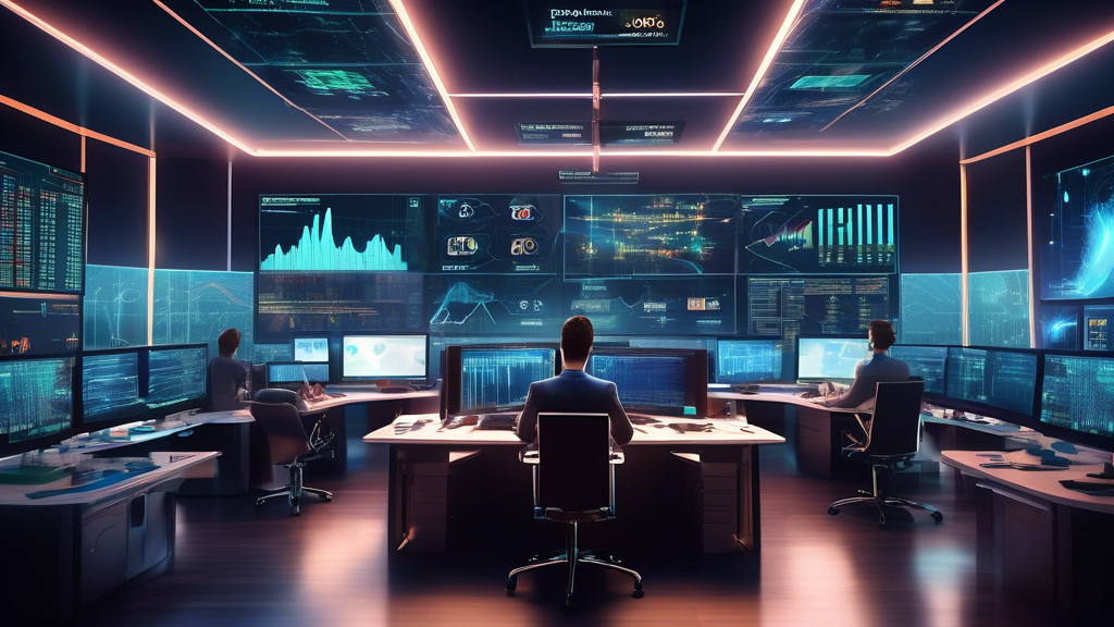 Create an image depicting a futuristic, high-tech trading room where a diverse group of expert traders are intensely focused on multiple transparent digita