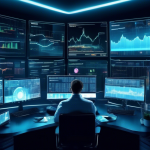 Create an image of a futuristic workspace where a professional cryptocurrency trader is surrounded by high-tech monitors displaying various markets and tra