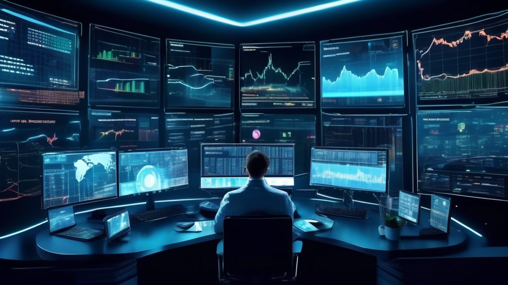 Create an image of a futuristic workspace where a professional cryptocurrency trader is surrounded by high-tech monitors displaying various markets and tra