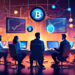 Create a dynamic and futuristic digital artwork depicting the concept of cryptocurrency trading. The image should feature a diverse group of individuals, e