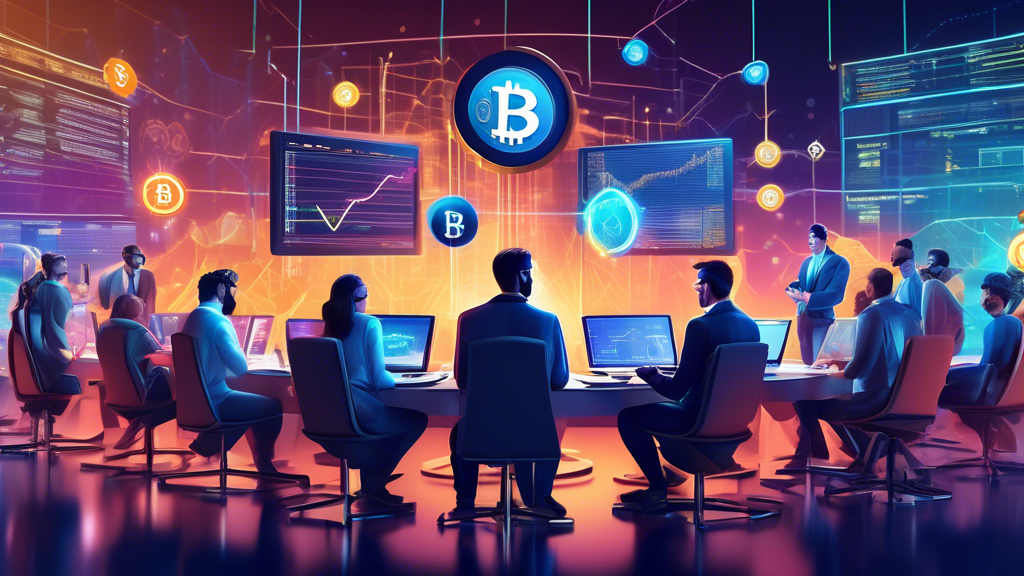 Create a dynamic and futuristic digital artwork depicting the concept of cryptocurrency trading. The image should feature a diverse group of individuals, e