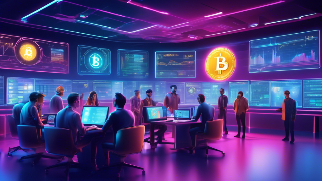 Create an illustration of a futuristic, digital trading room filled with advanced cryptocurrency trading interfaces and holographic charts. The room is bus