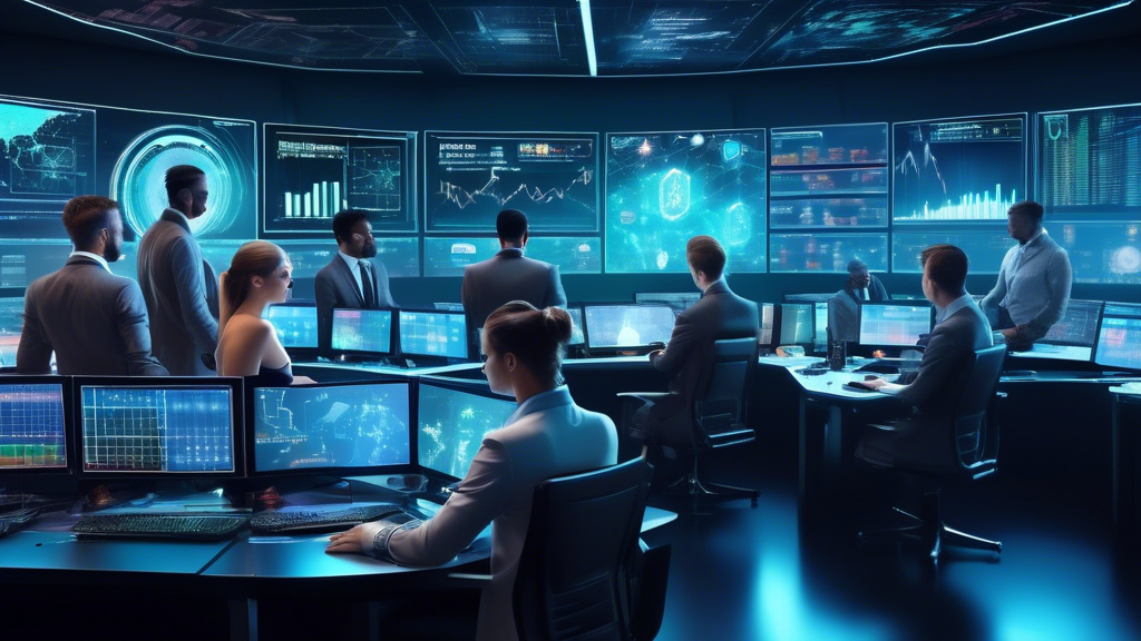 Create an image that depicts a futuristic trading environment where a diverse group of traders are immersed in a high-tech control room. Screens displaying