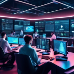 Create an image of a futuristic digital trading room where diverse individuals are engaged in cryptocurrency trading. The room features multiple high-tech