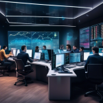 Create an image of a futuristic trading office where a diverse group of young professionals are engaged in crypto trading. The room is filled with advanced