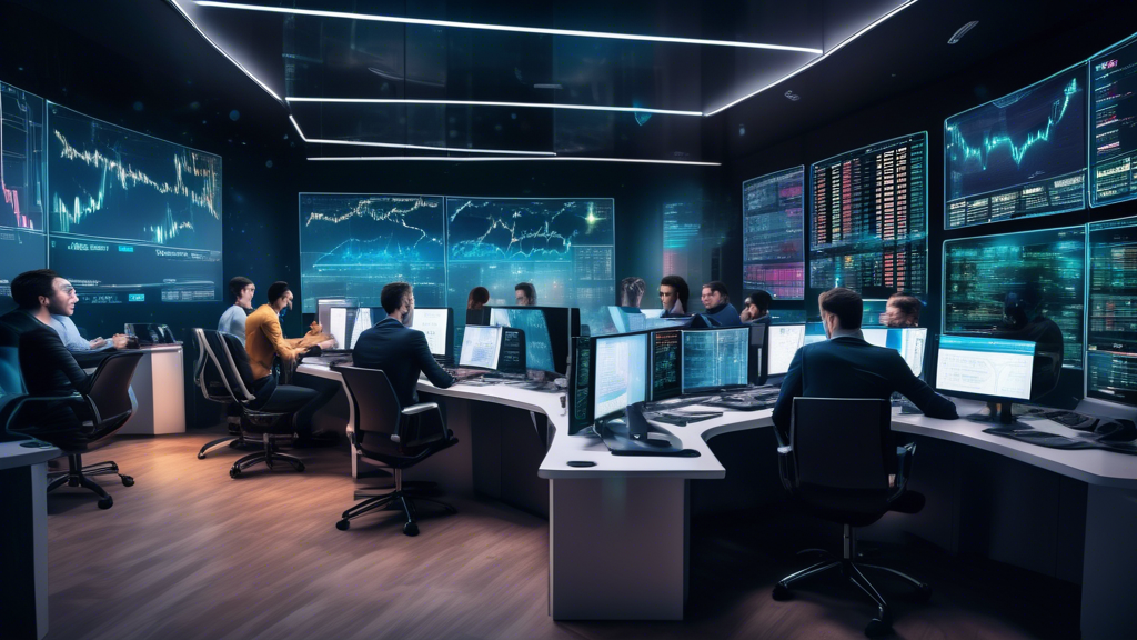 Create an image of a futuristic trading office where a diverse group of young professionals are engaged in crypto trading. The room is filled with advanced