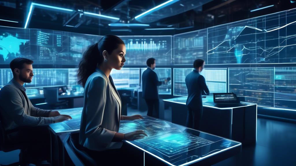 Create an image depicting a futuristic digital trading floor bustling with activity. Large transparent screens display live cryptocurrency charts, graphs,