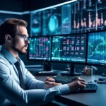 Create an image of a thoughtful, modern financial analyst in a futuristic office setting, surrounded by multiple high-tech screens displaying cryptocurrenc