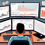 A detailed illustration of a trading desk showing various screens displaying graphs, charts, and financial data. The image should include a trader holding