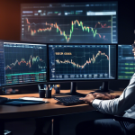 Create an image depicting a sophisticated financial scene where a trader is sitting at a large monitor-filled desk, deeply engrossed in analyzing stock mar