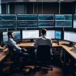 Create an image that shows a diverse group of professional traders in an office setting, each working on computers displaying charts and data. The room is