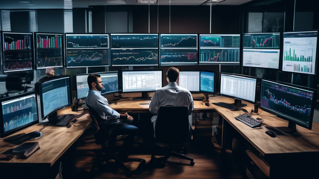 Create an image that shows a diverse group of professional traders in an office setting, each working on computers displaying charts and data. The room is