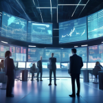 Create an image depicting a futuristic financial market setting. In the scene, a trader is surrounded by transparent digital screens displaying data such a