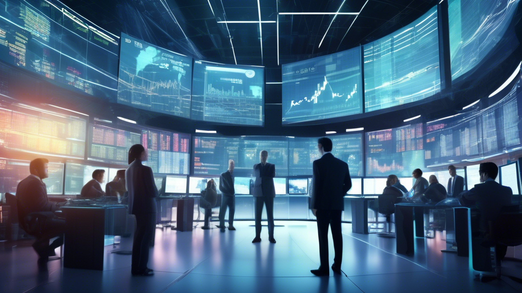 Create an image depicting a futuristic financial market setting. In the scene, a trader is surrounded by transparent digital screens displaying data such a