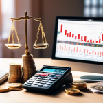 Create an image that visually represents the concept of margin trading in the financial market. Imagine a balance scale where on one side there are stacks