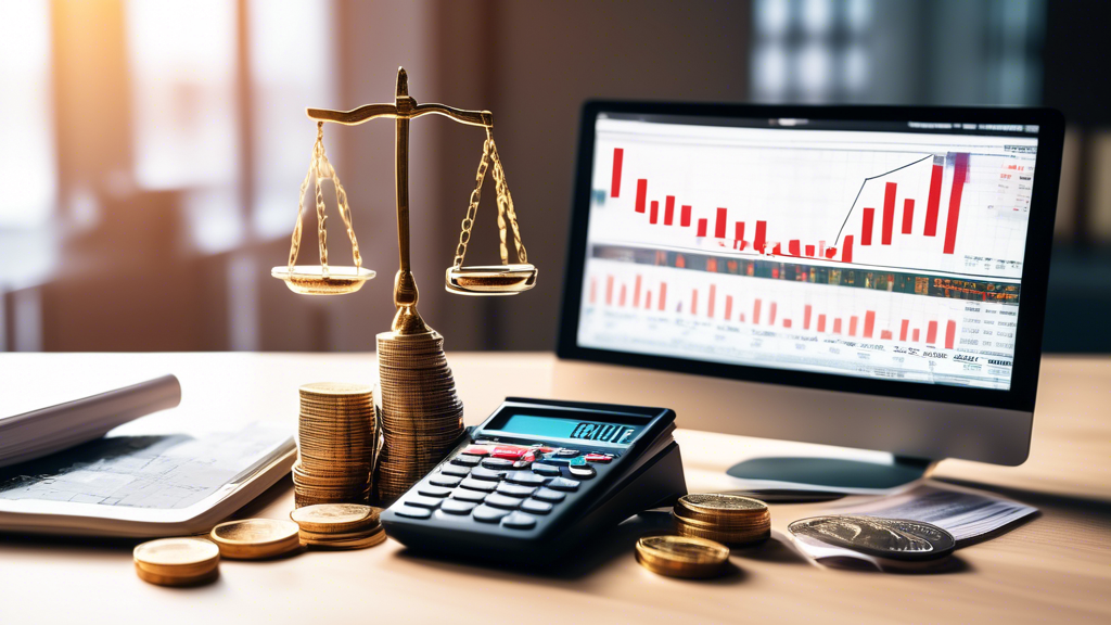 Create an image that visually represents the concept of margin trading in the financial market. Imagine a balance scale where on one side there are stacks