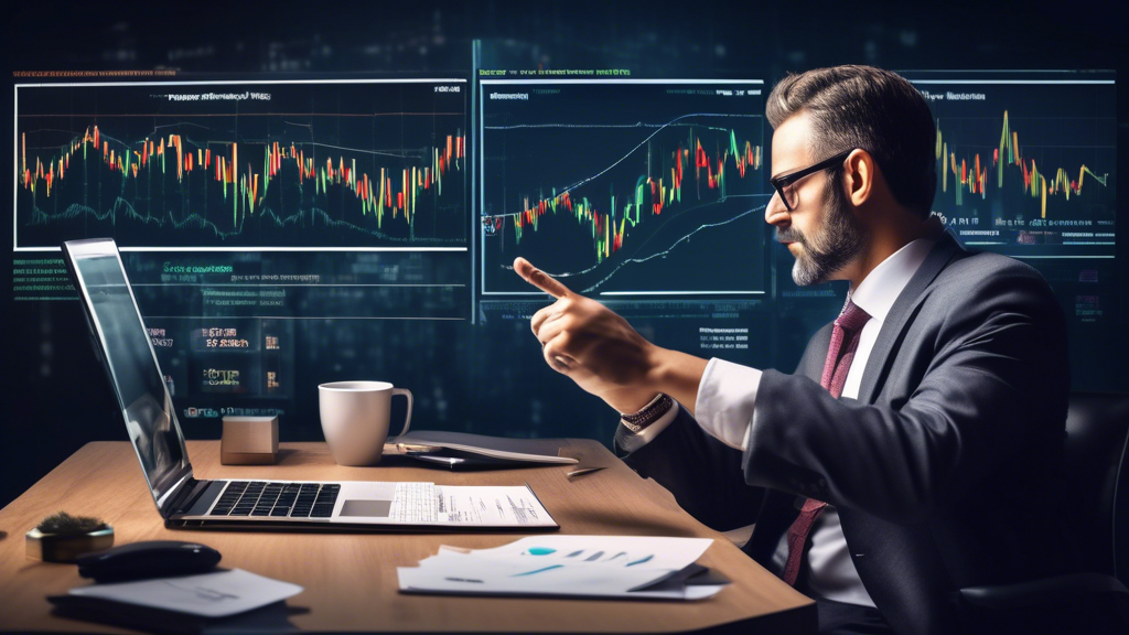 Create an image that visually explains the concept of margin trading fees in the stock market. Depict a financial advisor sitting at a desk with charts, gr