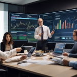 Create an image of a financial advisor explaining margin trading to a diverse group of investors in a modern office setting. The room is equipped with a la