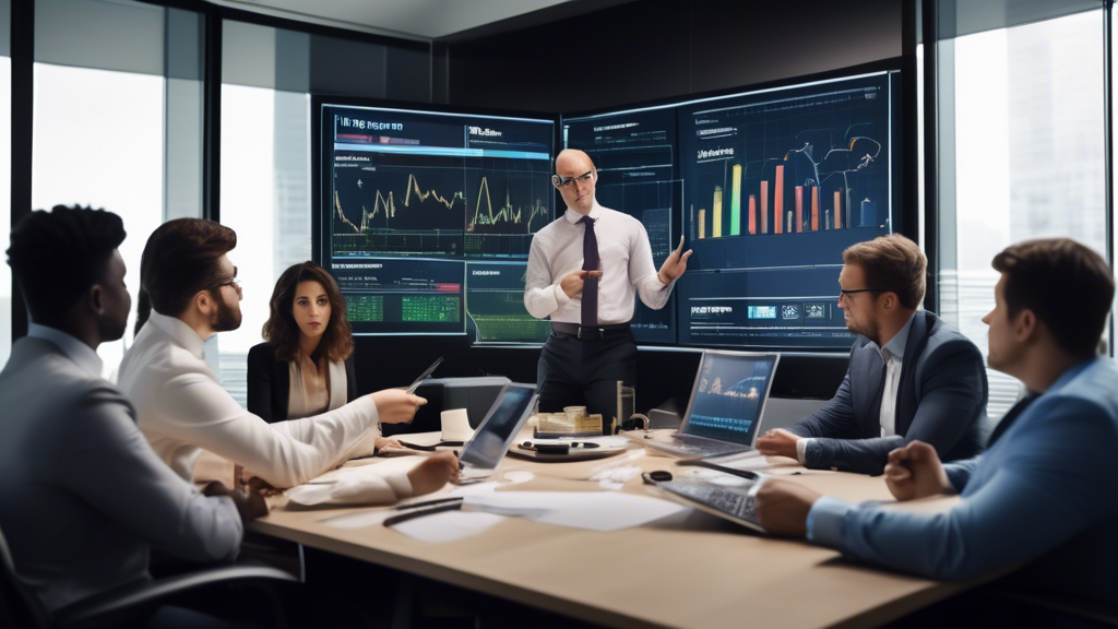 Create an image of a financial advisor explaining margin trading to a diverse group of investors in a modern office setting. The room is equipped with a la