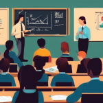 Create an image that visually explains the concept of margin trading for beginners. Depict a classroom setting with a diverse group of students attentively