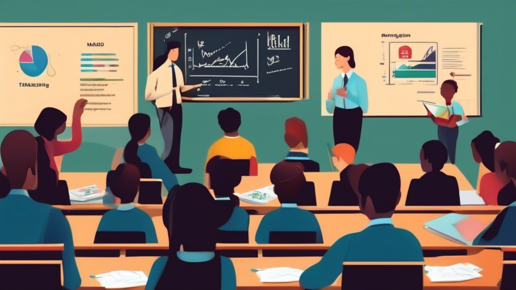 Create an image that visually explains the concept of margin trading for beginners. Depict a classroom setting with a diverse group of students attentively