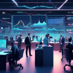 Create an image depicting a futuristic digital trading platform interface with various interactive elements such as graphs, charts, and metrics. The scene