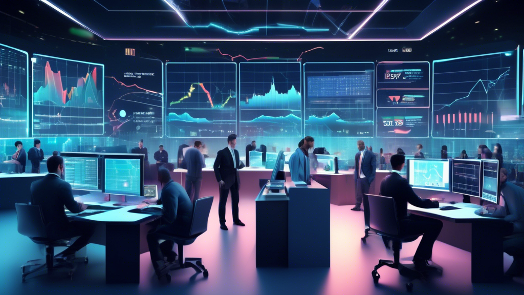 Create an image depicting a futuristic digital trading platform interface with various interactive elements such as graphs, charts, and metrics. The scene