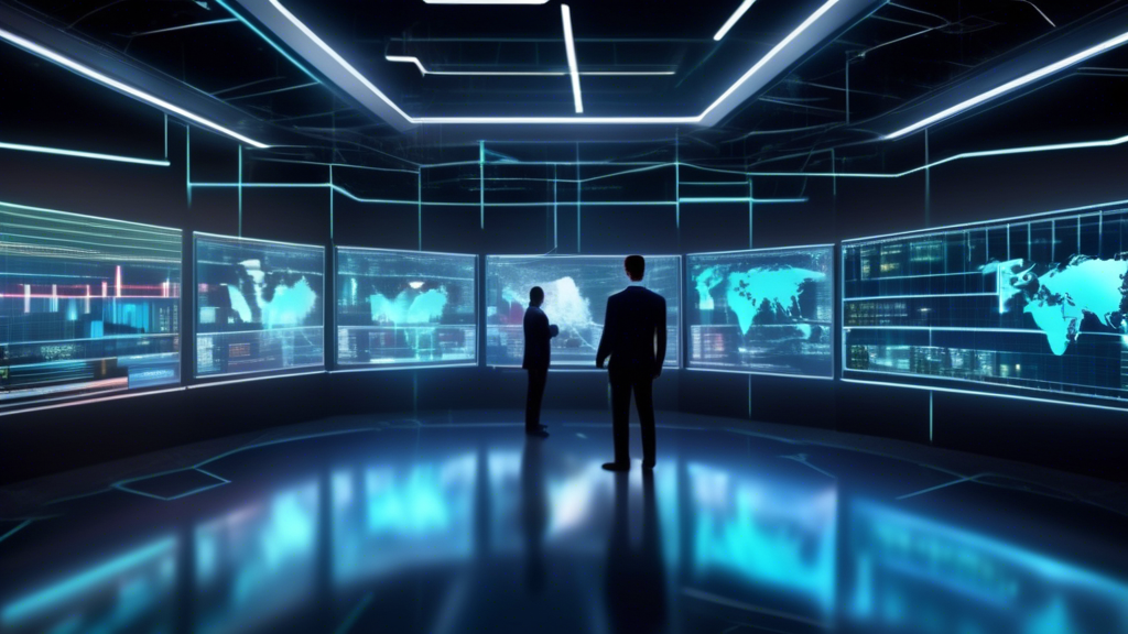 Create an image of a futuristic digital trading floor with holographic screens displaying real-time stock and cryptocurrency charts. The environment should