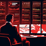 Create an image depicting a dramatic scene in the financial market world. Show a stockbroker at his chaotic desk surrounded by towering screens displaying