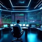 Create an image of a futuristic trading desk, filled with holographic screens displaying stock market data and margin levels. The scene should depict a tra