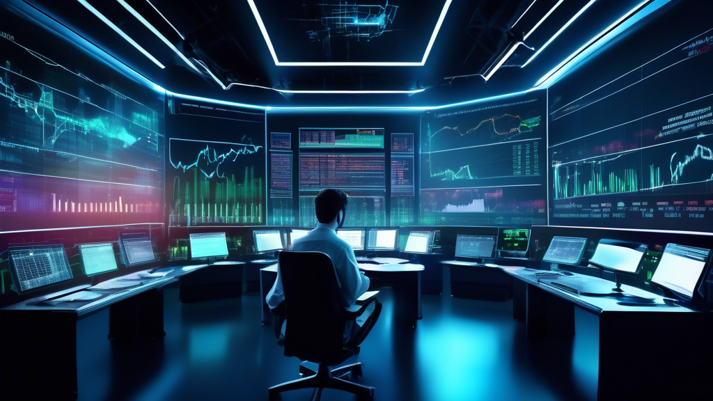 Create an image of a futuristic trading desk, filled with holographic screens displaying stock market data and margin levels. The scene should depict a tra