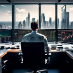 Create an image of a sophisticated office space where a focused trader sits at a large desk filled with multiple computer screens displaying complex stock