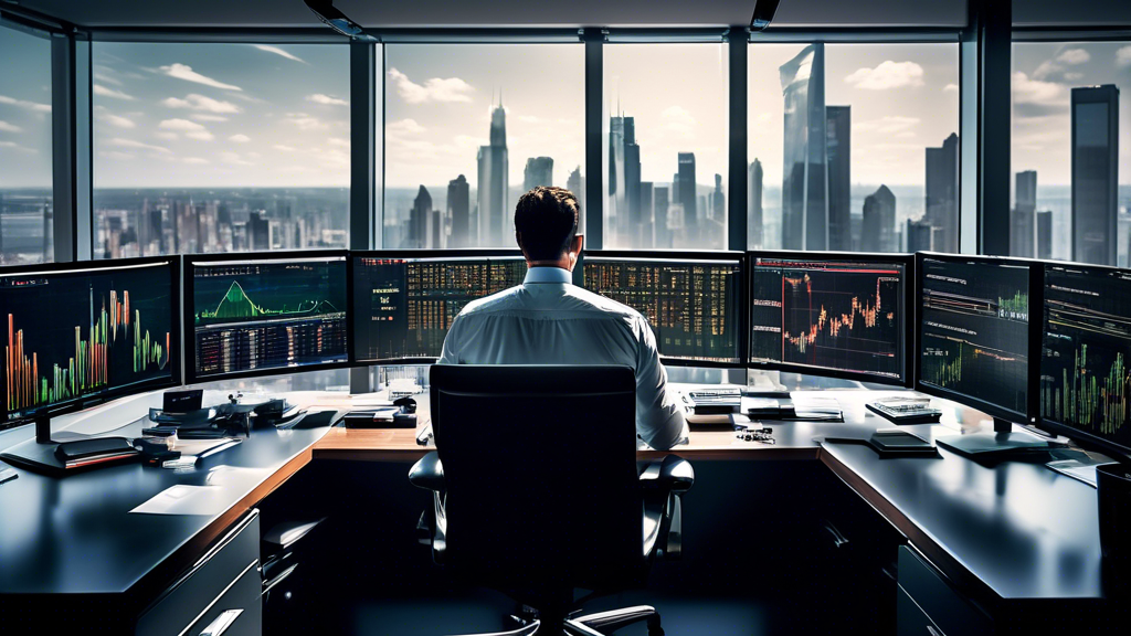 Create an image of a sophisticated office space where a focused trader sits at a large desk filled with multiple computer screens displaying complex stock